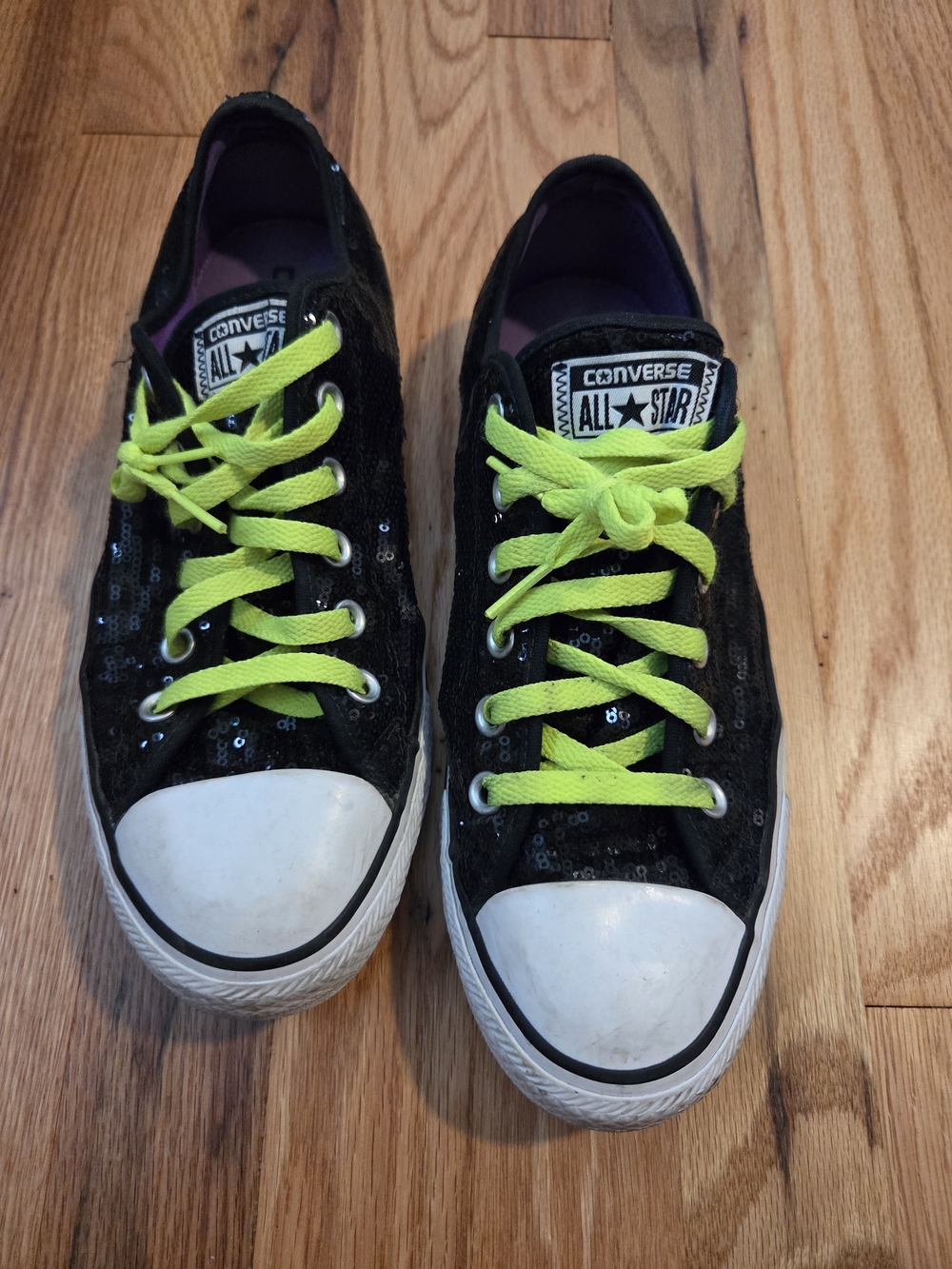 Converse All Star Black Sequin Sneakers with Neon Yellow Laces
